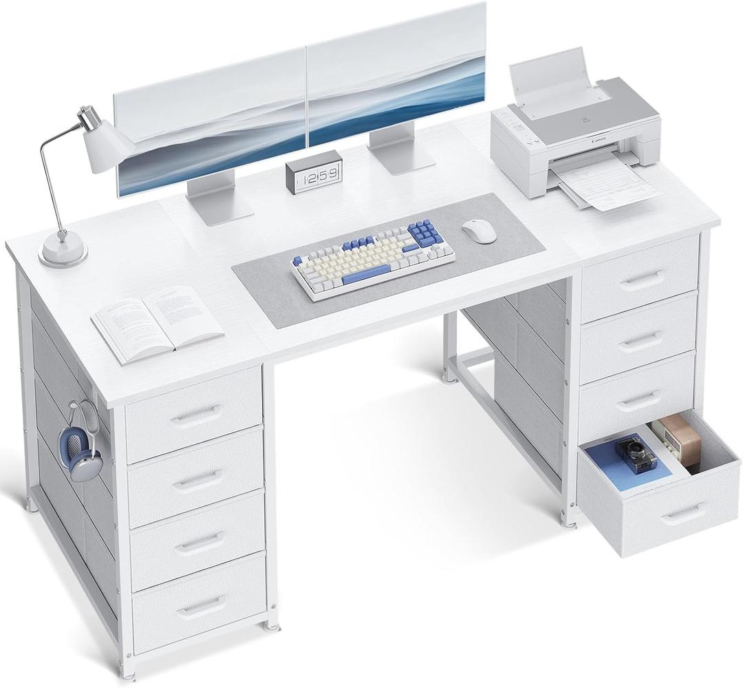 ODK 48 Inch White Computer Desk with 8 Fabric Drawers, Modern Office Desk with Large Storage for Home Office, Study, Gaming, White
