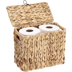 Sumnacon Toilet Paper Basket, Wicker Water Hyacinth Toilet Paper Holder with Handles and Lid, Holds Up to 4 Mega Rolls, Decorative Farmhouse Woven Bathroom Accessories Toilet Tissues Organizer, Small