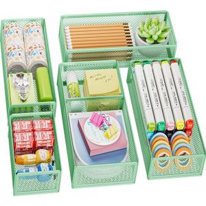 Marbrasse 5 Pack Desk Drawer Organizer Set, Mesh Drawer Storage Trays with 1 Adjustable Divider, Desk Organizers and Accessories, 5 PCS Drawer for Office Supplies, Makeup & Vanity (Green)