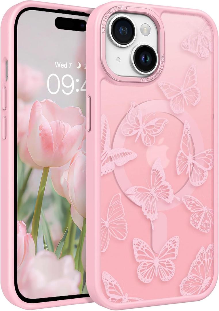 BENTOBEN for iPhone 15 Plus Case,Cute Butterfly Pattern iPhone 15 Plus Magnetic Cover [Compatible with MagSafe] Translucent Matte Slim Women Girl Protective Case 6.7", Tender Pink