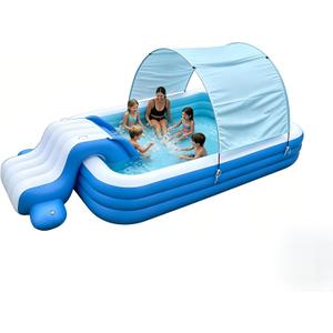 8 FT Inflatable Pool with Water Slide & UV Protection Canopy, 98x55x21 Inch Family Blow Up Pool for Toddlers and Kids, Thickened PVC Kiddie Pool for Backyard Small Space Summer Water Fun
