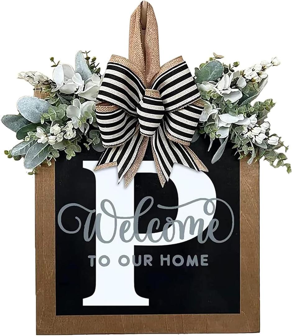 Last Name Year Round Front Door Wreath Front Porch Decoration 26 Letter Welcome Sign with Eucalyptus Garland and Bow Spring Wreaths for Front Door Outside Hanger Garland（P）