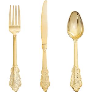 Supernal 360pcs Gold Plastic Silverware, Gold Silverware Disposable, Gold Plastic Cutlery, 120 Gold Plastic Forks, 120 Gold Plastic Spoons, 120 Gold Plastic Knives for Birthday, Party, Wedding