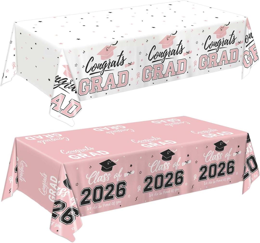 Oigco 2 Pack Pink Graduation Tablecloths, Graduation Decorations Class of 2026, Congrats Grad Plastic Table Cloths for Graduation Party Decorations, 54 x 108 Inch