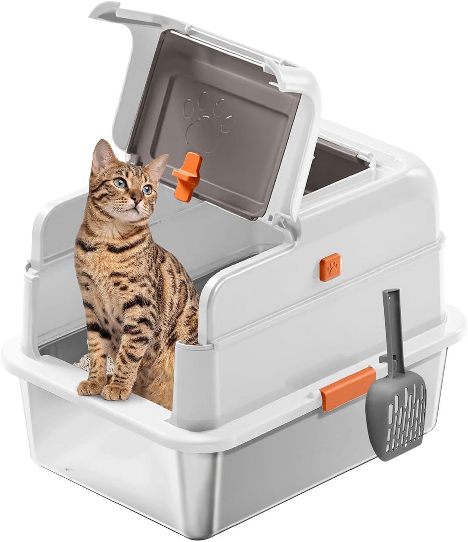 Stainless Steel Cat Litter Box with Lid, Covered Enclosed Kitty Litter Box, Flip Top High Sided Metal Cat Litter Pan with Litter Scoop, Front and Top Entry, Odor Control Leak Proof Easy Clean, White