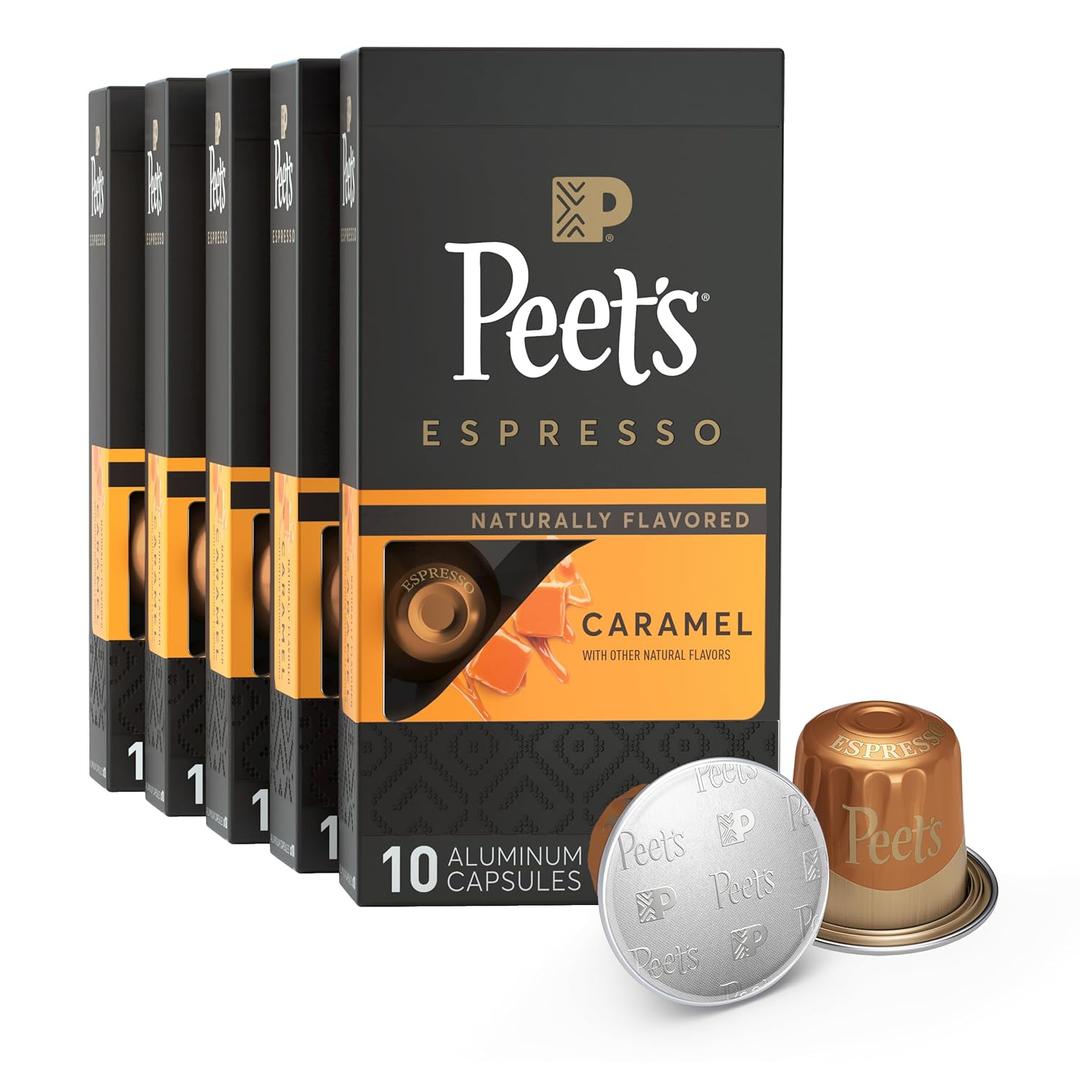 Peet's Coffee, Medium Roast Espresso Capsules, Compatible with Nespresso Original Machine - Caramel, 50 Count (5 Boxes of 10 Espresso Capsules) (EXP 04/25/25)