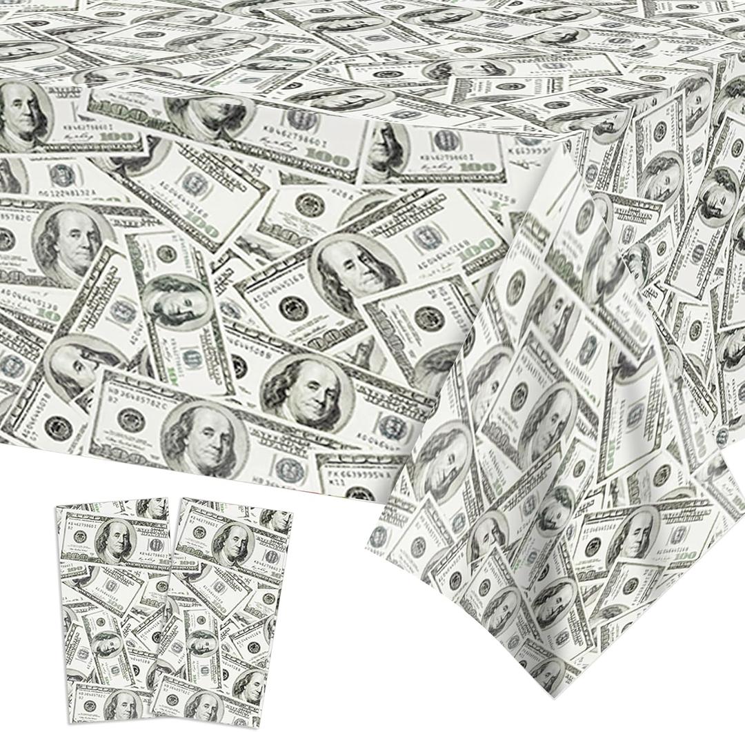 2 PCS Dollar Party Tablecloths, 87" Lx51 W Rectangular Plastic Table Covers, Birthday Party Disposable Tablecloths Party Decoration Supplies