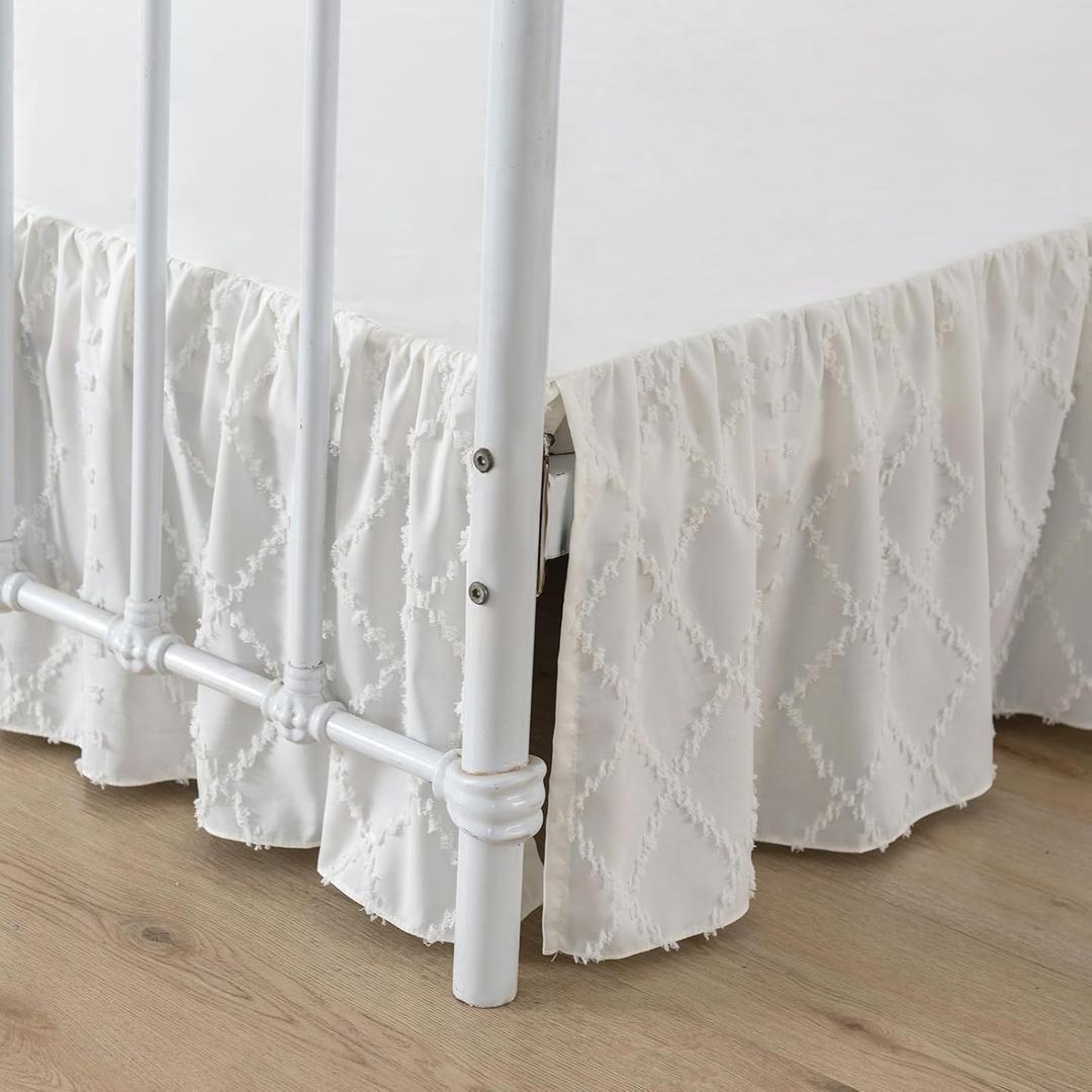 Bed Skirt King Size Ruffled Bed Skirt with Split Corners, 14 Inch Drop Dust Ruffle Bed Skirts with Platform, Boho Tufted Shabby Chic King Size Bed Skirts, Ivory