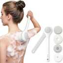Electric Body Brush Back Scrubber for Shower, Waterproof Long Dual Handle Power Body Scrubber with 3 Heads, Bath Brush & 2 Speeds, for Cleansing, Exfoliating and Massaging Skin, Milk White