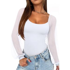 REORIA Women's 2025 Fall Casual Mesh Long Sleeve Square Neck Tops Trendy Cute Dressy Slim Fit Going Out T-Shirts Medium