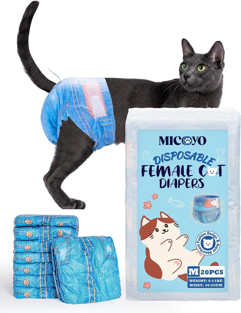 MICOOYO Disposable Cat Diapers, Cat Diapers for Female Cats with Ultra Stretchy, Puppy Diaper Super Absorbent, Fit for Cats in Heat or Incontinence, 20 Count Medium Size