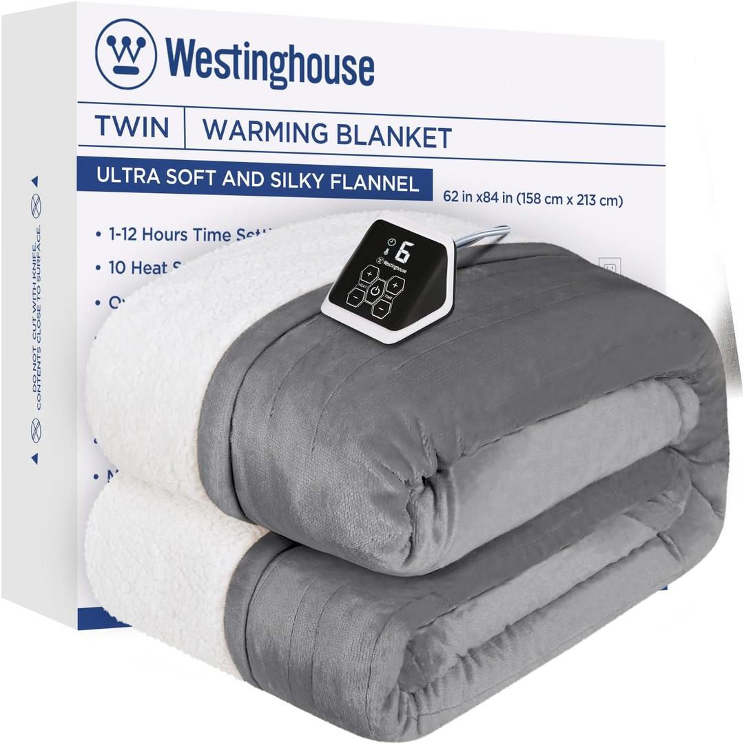 Westinghouse Heated Blanket Twin Size, Soft Flannel to Sherpa Electric Blanket with 10 Heating Levels, 12 Hours Auto Off, Fast Heating, Machine Washable, 62x84 Inch, Light Grey (Twin Size 62*84", Light Grey, Sherpa & Flannel)