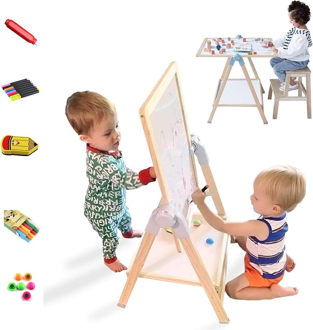 QZMTOY Kids Art Easel, Deluxe Standing Easel Set, Adjustable Art Table, Dry Erase Board&Chalkboard Double Sided Stand, 360Rotating Drawing Easels with Art Supplies, Adjust Height 28-39in, Medium