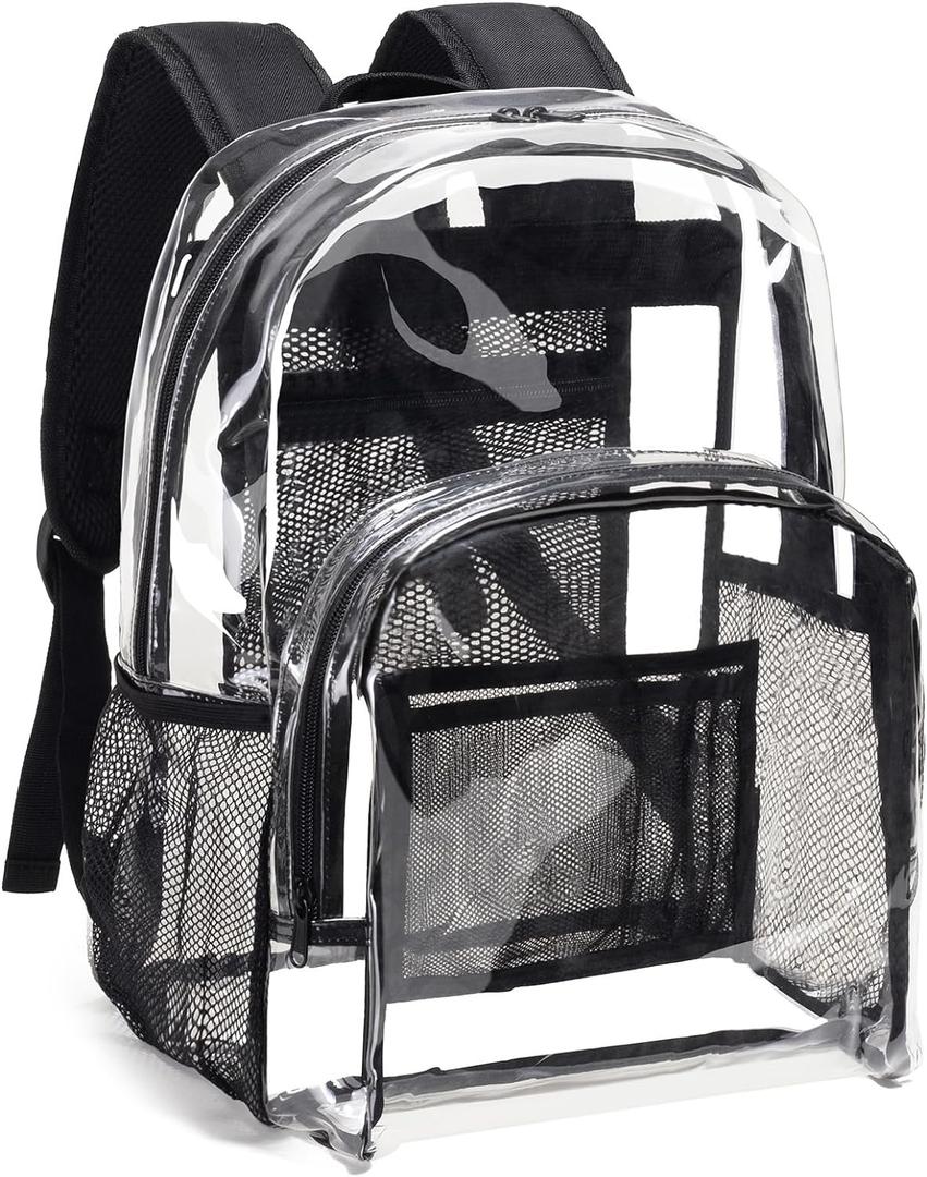 Vorspack Clear Backpack Heavy Duty PVC Transparent Backpack with Reinforced Strap Stitches & Large Capacity for College Workplace Security - Black