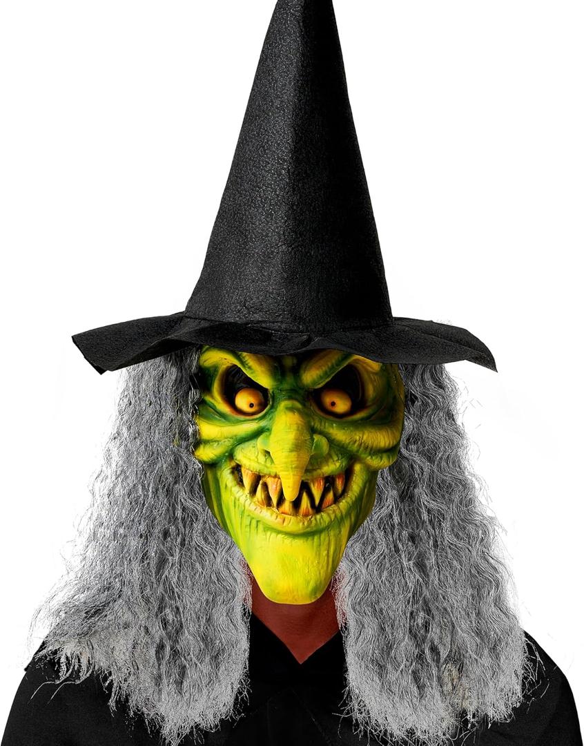 Spooktacular Creations Halloween Scary Witch Mask, Creepy Latex Monster Face Mask with Black Hat Hair for Adult Halloween Horror Cosplay Costume Accessories, Realistic Party Dress Up