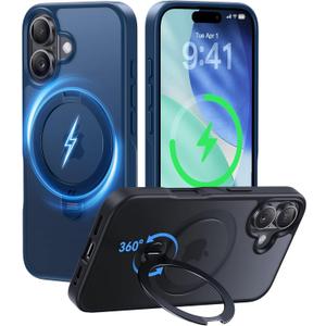 CASEKOO Patented 360 Spin Magnetic Stand for iPhone 16 Case [Military Drop Protection] [Non-Slip Edge] [Compatible with MagSafe] Shockproof Matte Translucent Slim for 16 Case 6.1'', Blue