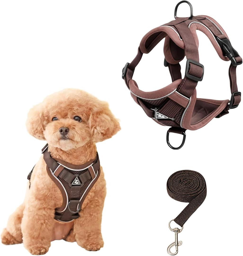 SOLMOONY Small Dog Harness,Soft Mesh Puppy Harness and Leash Set,No Escape Cat Harnesses for Training Walking,Reflective Adjustable Puppy Vest for Small Medium Dogs, Cats (Brown, S)