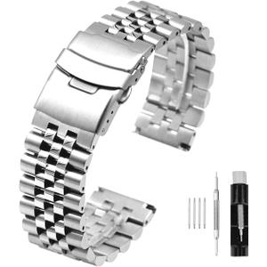 Super Brushed & Polished 3D Solid Silver Stainless Steel Watch Bracelet Band 20mm 22mm 24mm Security Double Deployment Buckle