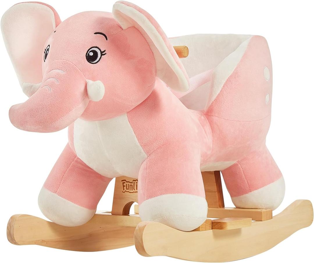 FUNLIO Elephant Baby Rocking Horse for Toddlers 6 Months to 3 Years, Cute & Graceful Pink Elephant Rocker for Baby Girl, Stuffed Plush Ride-on Rocking Animal, Easy to Assemble, CPC & CE Certified, Large