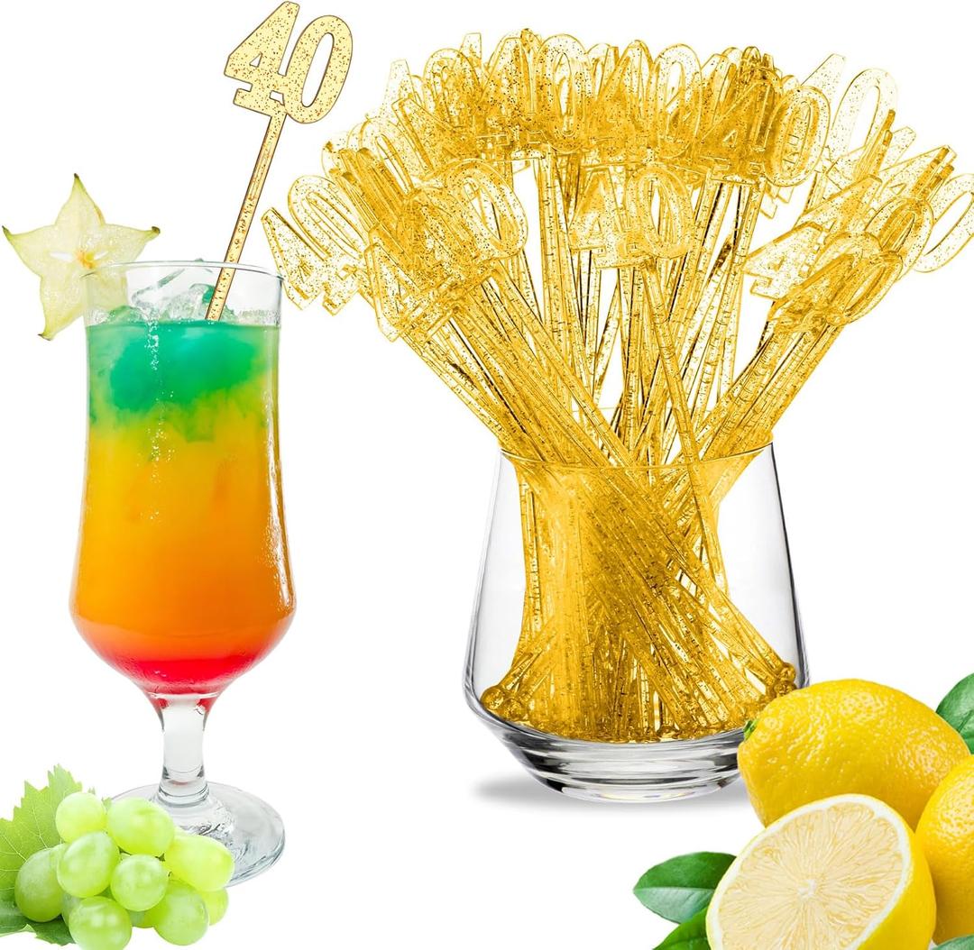 100 Pcs 40th Birthday Drink Stirrers Gold Glitter Cocktail Stirrers Plastic Swizzle Sticks 7.5 Inch Fall Birthday Cupcake Toppers Sticks Bulk for Coffee Bar Cake Pops Christmas Party Favor