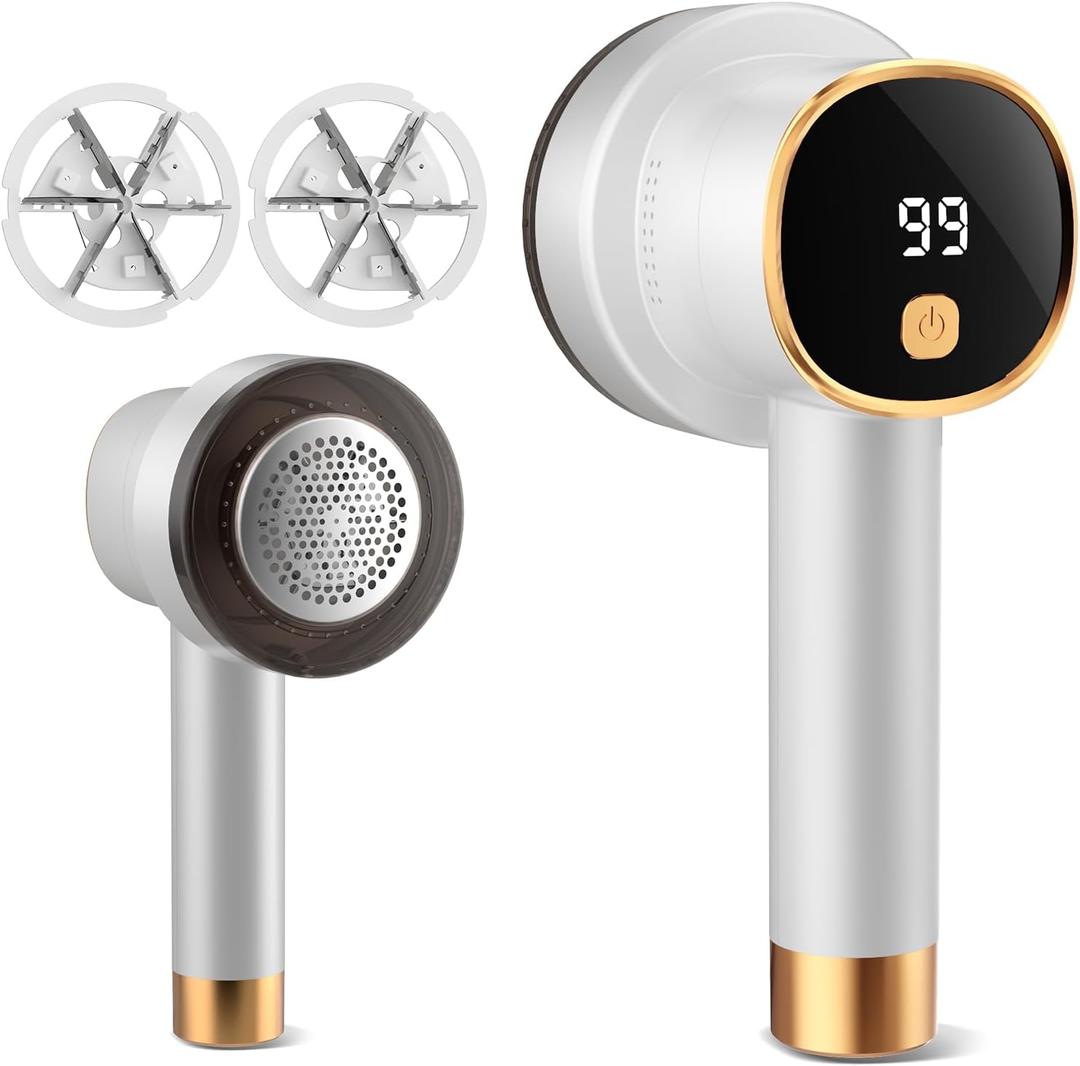 Electric Lint Remover with LED Display, Rechargeable Fabric Shaver, Lint Shaver, 6-Blade, 3-Speed Defuzzer Remove Fuzz, Pills for Clothes, Upholstery, Furniture (White)