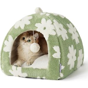 Lesure Cute Cat Beds for Indoor Cats - 2 in 1 Cat Cave Bed for Kittens and Small Pets with Removable Washable Cushioned Pillow, Cozy Ktten Tent with Non-Slip Bottom, Green, 16 inches (Flower Garden Green)