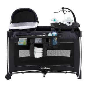 Pamo Babe 4 in 1 Baby Playards with Bassinet & Changing Table, Portable Crib Breathable Mesh and Toy Mobile (Black)
