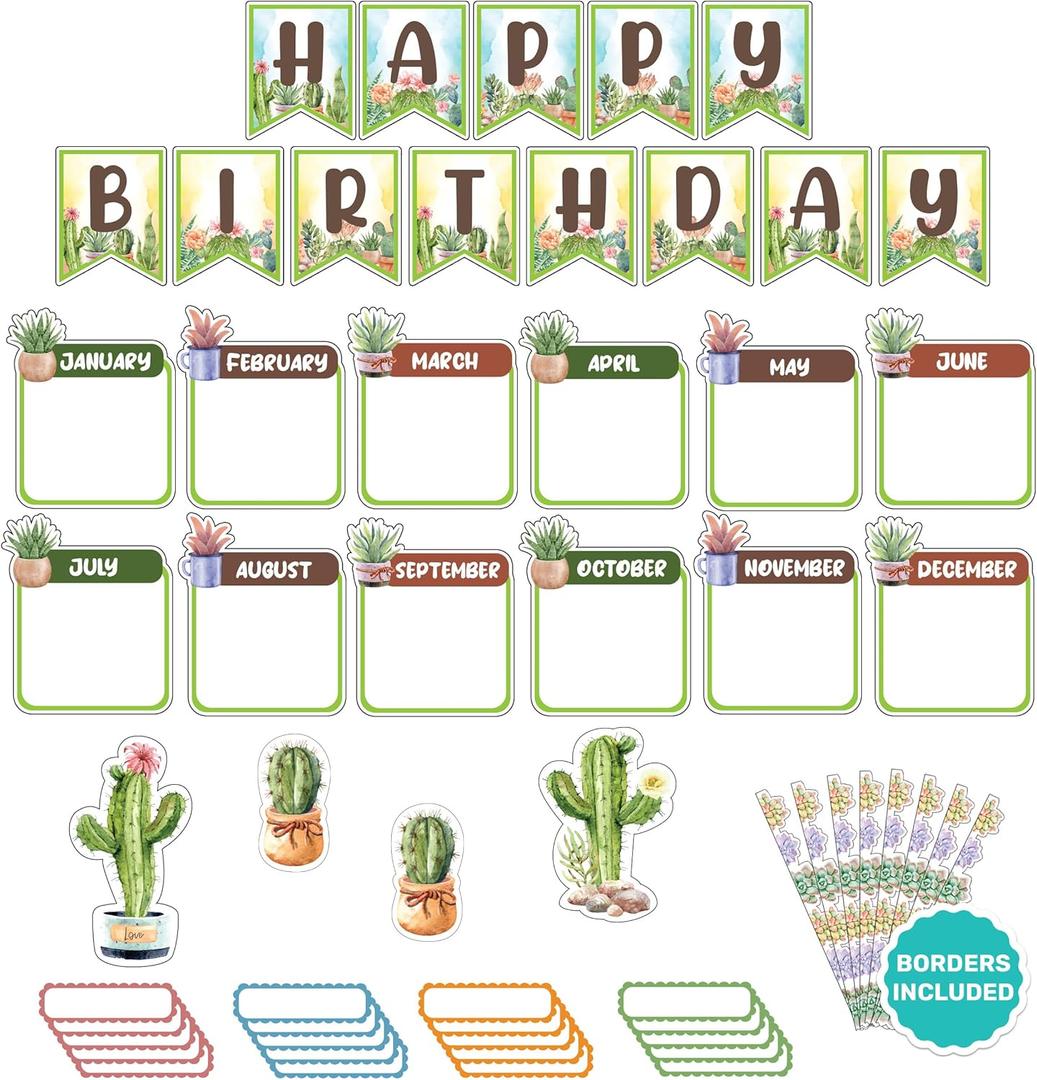 Decorably 77 Pcs Cutouts Cactus Birthday Bulletin Board with Borders, Succulent Themed Classroom Decorations, Classroom Decoration, School