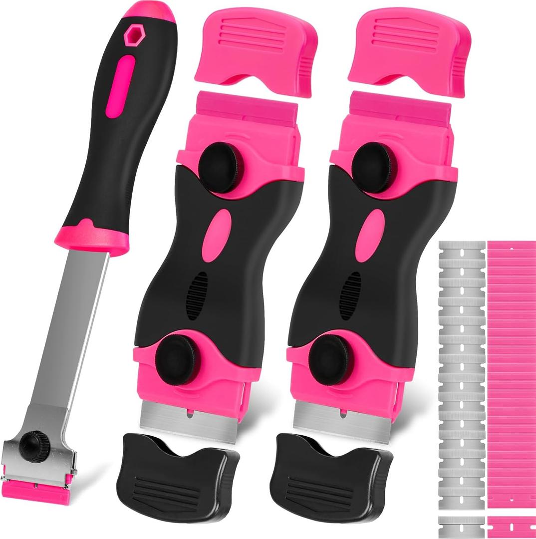 Razor Blade Scraper Tool, 3Pcs Pink Razor Scrapers with 15pcs Metal and 30pcs Plastic Blades, Scraper Tool for Cleaning Paint, Decals, Adhesive, Caulk, Stickers, Glass, Labels, Window, Stovetop (Upgrade Scraper-3pack+45pcs)