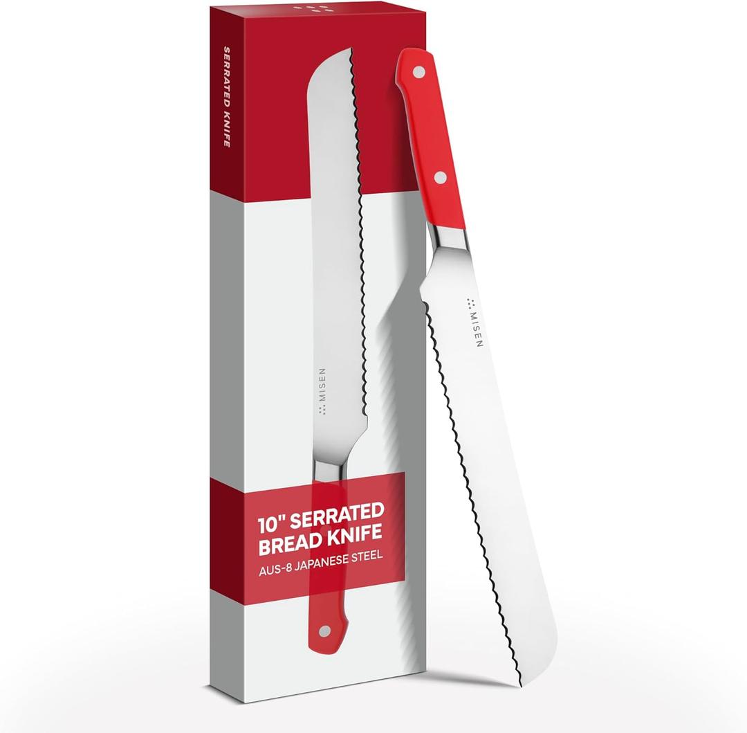 Misen Serrated Bread Knife - High-Carbon Japanese AUS8 Steel - Perfect for Soft Foods, Bread, Pastries, and Fruits - Verstatile Slicer, Razor-Sharp Edge, Durable Blade, Ergonomic Handle - 10", Red