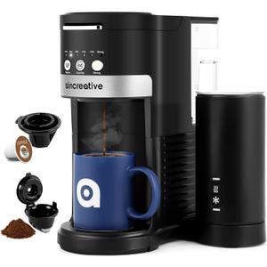 Sincreative Single Serve Coffee Maker with Milk Frother, Single Cup Coffee Makers for K Cup Pod or Ground Coffee, Latte Cappuccino Coffee Machine with Strong Brew Function, Gifts for Mom Dad Women Men