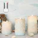 Blue Flameless Candles Carved Mermaid Coastal Theme Battery Operated with Remote Real Wax LED Flickering Pillar Ocean Candle for Home Bathroom Wedding Decoration