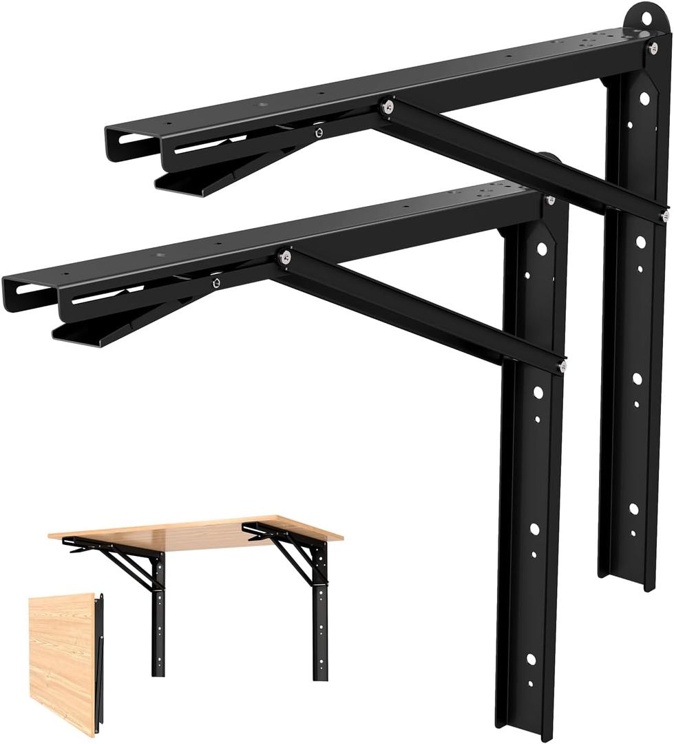 LSK 24 Inch Folding Shelf Brackets, Heavy Duty Collapsible Shelf Bracket Max Load 550LBS, Wall Mounted L Table Brackets for Garage Bench Table, Space Saving DIY Black Folding Bracket, Pack of 2