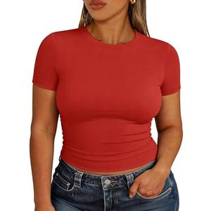 Chulianyouhuo Plus Size Basic Summer Going Out Crop Tops Red Outfits for Women Slim Fitted Short Sleeve Crew Neck T Shirts 2026, Size 1X