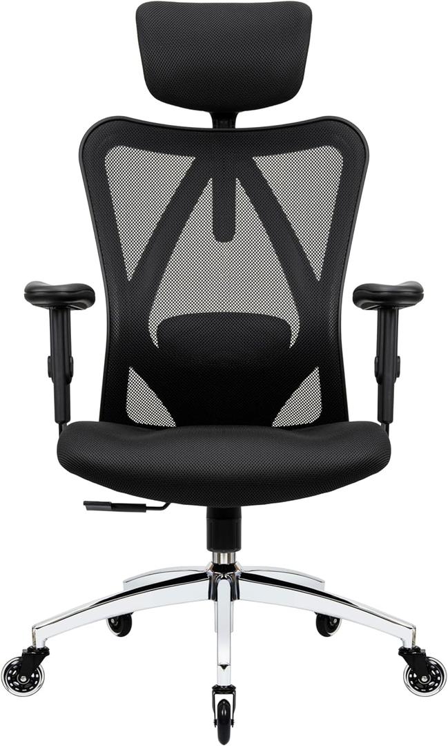 Duramont Ergonomic Office Chair with Rollerblade Wheels - High Back Breathable Mesh Desk Chair, 4D Lumbar Support, Memory Foam Seat, Adjustable Headrest and Armrests, Reclines, Black