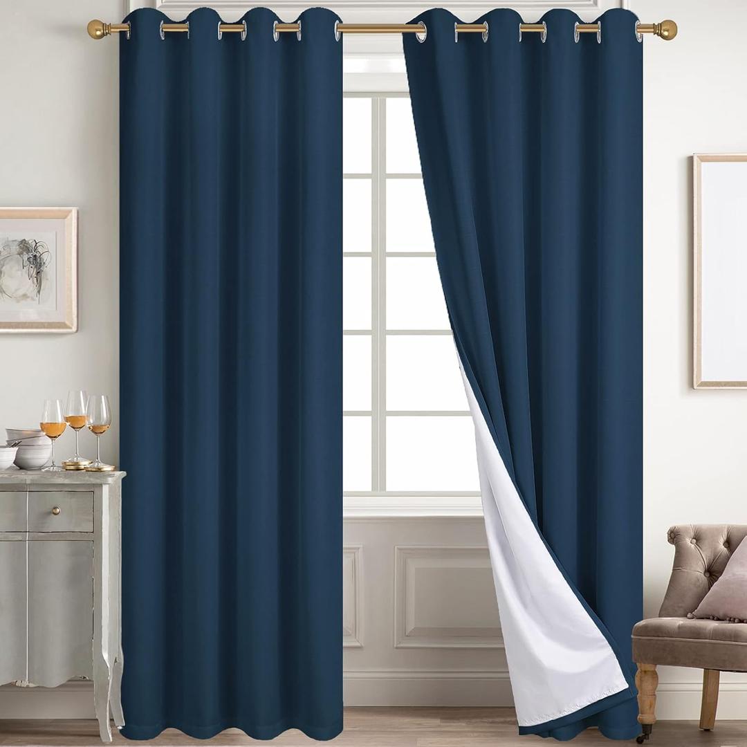 Diraysid 100% Blackout Curtains Navy Blue Linen Curtains for Bedroom Grommet Thermal Insulated Room Darkening Drapes (2 Panels, W52 x L84 Inch)