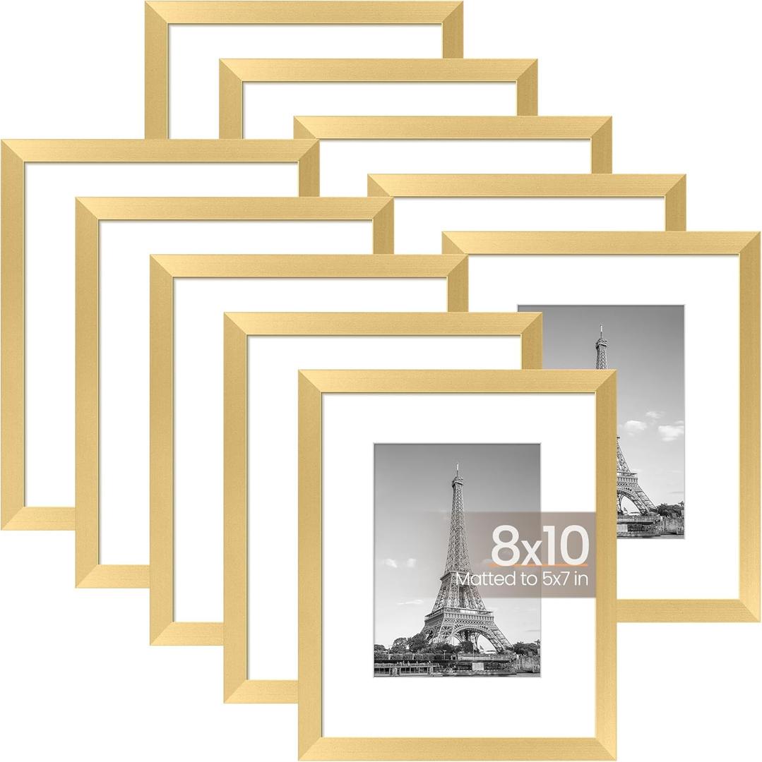 upsimples 8x10 Picture Frame Set of 4, Display Pictures 5x7 with Mat or 8x10 Without, Multi Photo Frames Collage for Wall or Tabletop Display, Gold