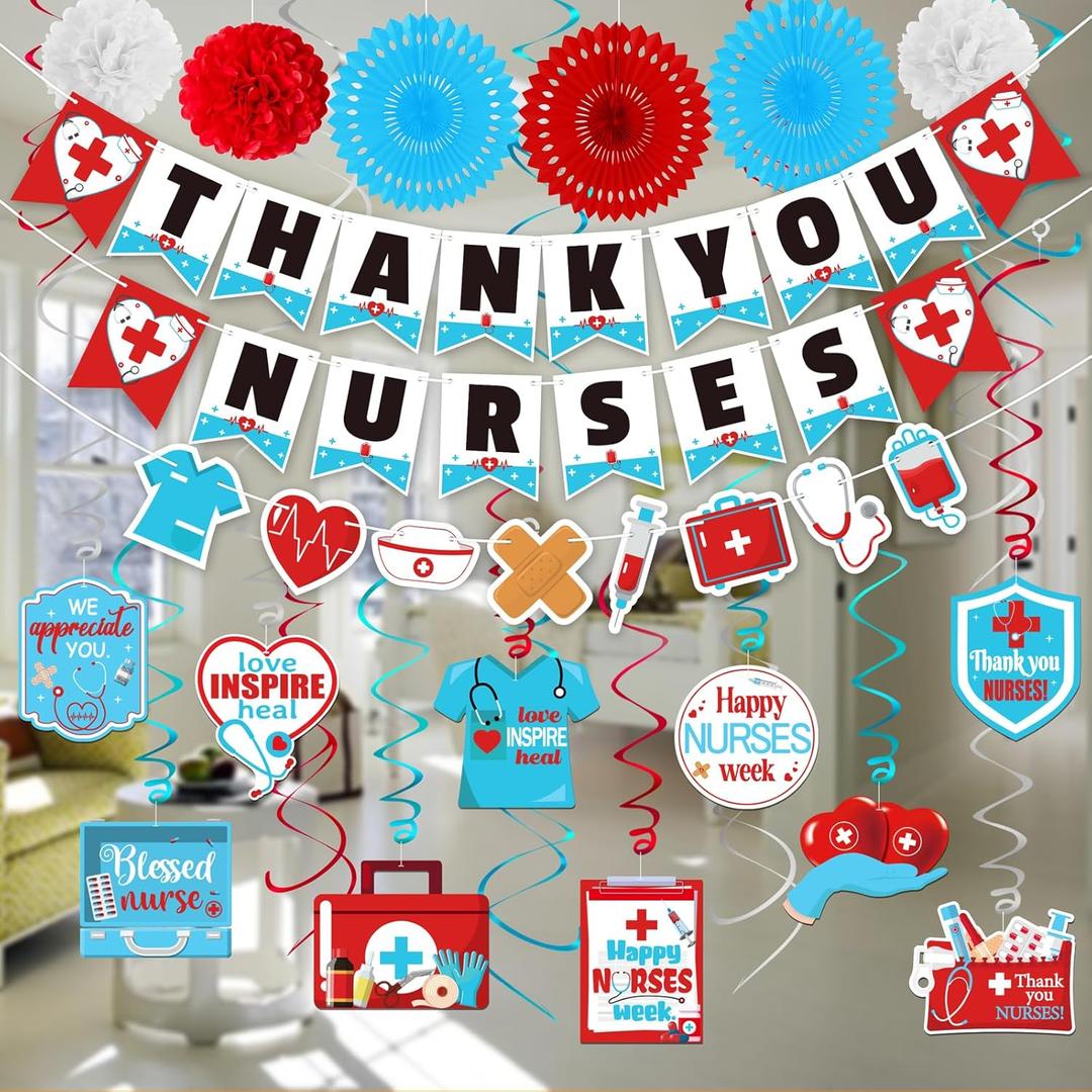 Nurses Week 2026 Decorations Set: Thank You/ Happy Nurse Paper Banner Appreciation Hanging Swirls Blue Red White Pom Pom Paper Fans Gifts Bulk RN Graduation Party Decor Supplies