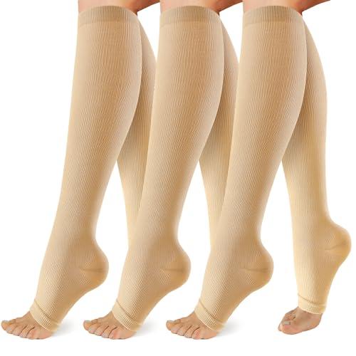 OUIVIAL 3 Pack Copper Compression Socks for Women&Men, 20-30mmHg Open Toe Knee High Support Socks for Varicose Vein,Running