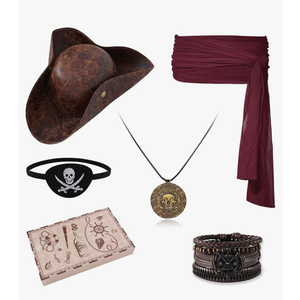 Pirate Hat and Accessories Set with Eye Patch Necklace Sash Leather Bracelets for Men Women Pirate Costume Halloween Cosplay Renaissance Outfit