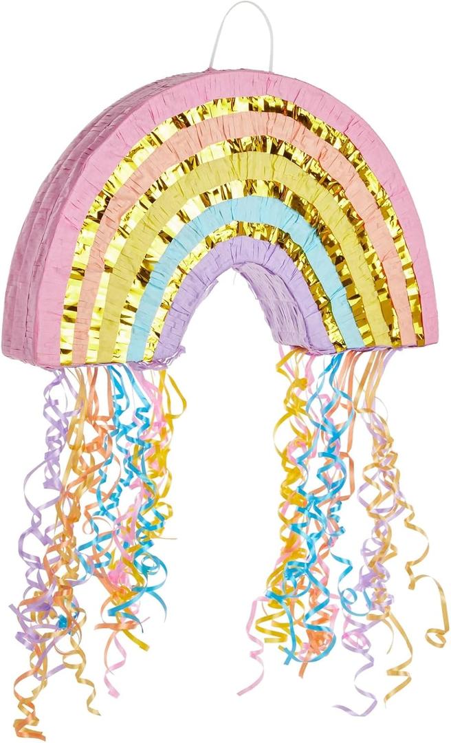 BLUE PANDA Pull String Rainbow Pinata - Small 16.5 x 10 x 3 In Pastel - Mini Birthday Pinata for Rainbow Birthday Decor