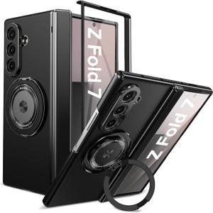 for Samsung Galaxy Z Fold 7 Case with Screen Protector, Hinge Protection Phone Case for Z Fold 7, with Mag-Safe, 360° Rotating Ring Holder, Hard PC Shockproof Full Body Protective Cover (Black)