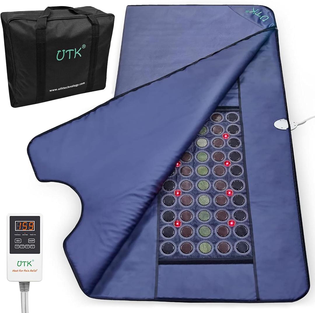 UTK Infrared Sauna Blanket, Sauna Blanket for Detox, Sauna FIR Therapy, Natural Jade & Tourmaline Stone, 660mm Photon, Pain Relief, Sweat Fast, Home SPA, Full-Size Body Blanket, 50 Plastic Wrap (Large)