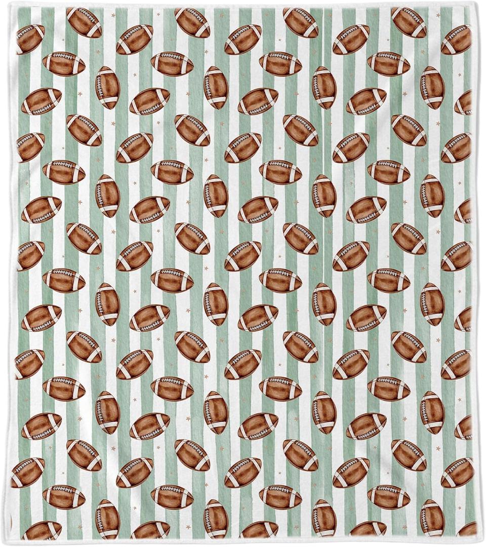 Football Throw Blanket, Football Lover Gifts, Preppy Green Striped Sport Themed Decorative Blanket for Couch Sofa Kids Boys Nursery Room Bedroom, 50x60 Inches