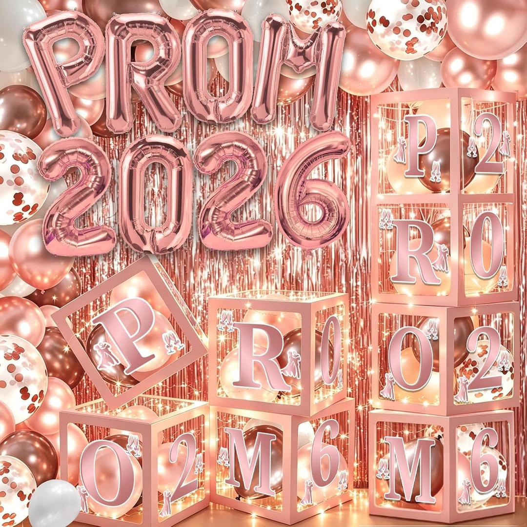 100Pcs Pink Prom Decorations 2026 - Prom 2026 Balloon Boxes Balloon Banner Foil Fringe Curtain with LED Lights Prom Send Off Decorations 2026 (Pink Rose Gold)