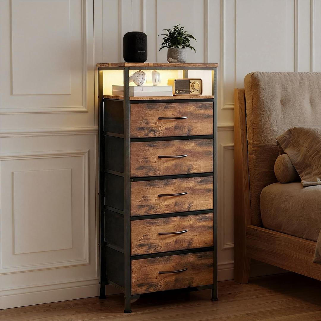 Sweetcrispy Nightstand with Charging Station 4 Fabric Drawers Bedside Table Night Stand with USB Type-C Ports, AC Outlets & Dimmable LED Light Strip, Modern Rustic Brown Bedroom End Table  4 Drawers - 11.8"D x 15.7"W x 33.6"H