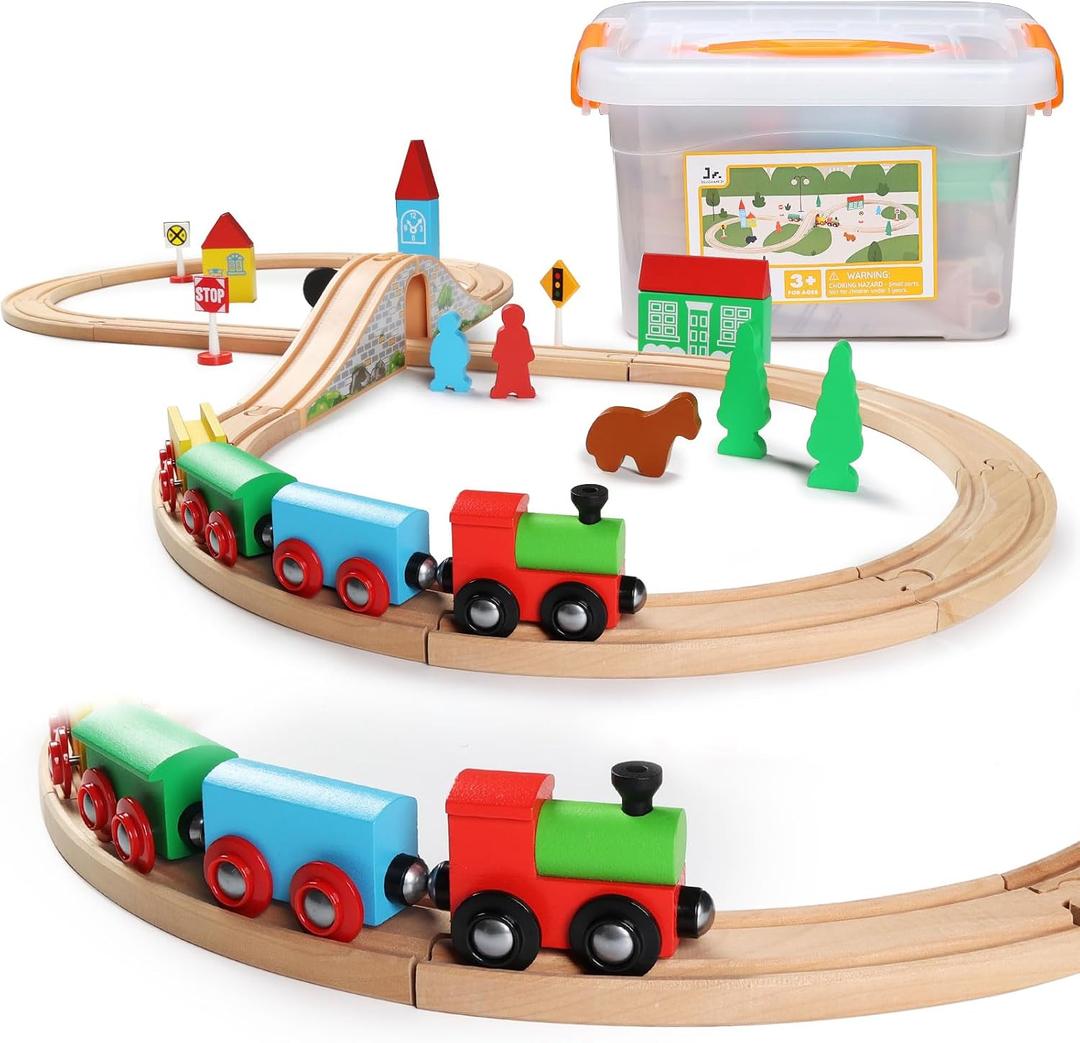 SainSmart Jr. Wooden Train Set for Toddler with Double-Side Train Tracks Fits Brio, Thomas, Melissa and Doug, Kids Wood Toy Train for 3,4,5 Year Old Boys and Girls (Small Town with Container)