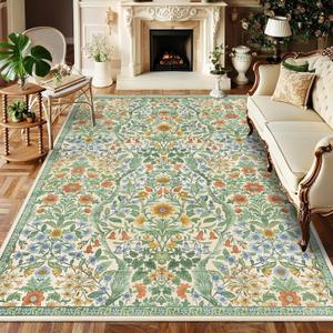 5×7 Grass Green Washable Floral Area Rug, Vintage Boho Soft Low-Pile Living Room Rugs, Stain Resistant Botanical Non-Slip Carpet for Bedroom, Dining Room, Kids Nursery, Home Decor