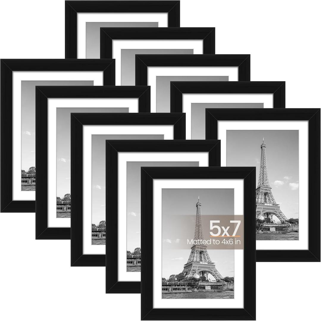 upsimples 5x7 Picture Frame Set of 10, Display Pictures 4x6 with Mat or 5x7 Without, Multi Photo Frames Collage for Wall or Tabletop Display, Black