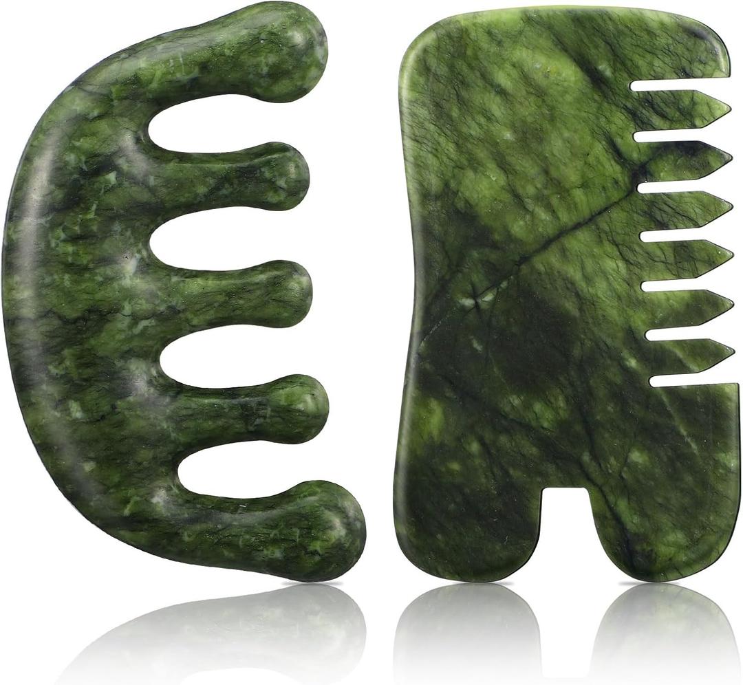 BBTO 2 Pcs Jade Comb for Scalp Massage Gua sha Comb for Head Body spa Hair Multifunctional Handheld Massage Tools (Classic, Natural)